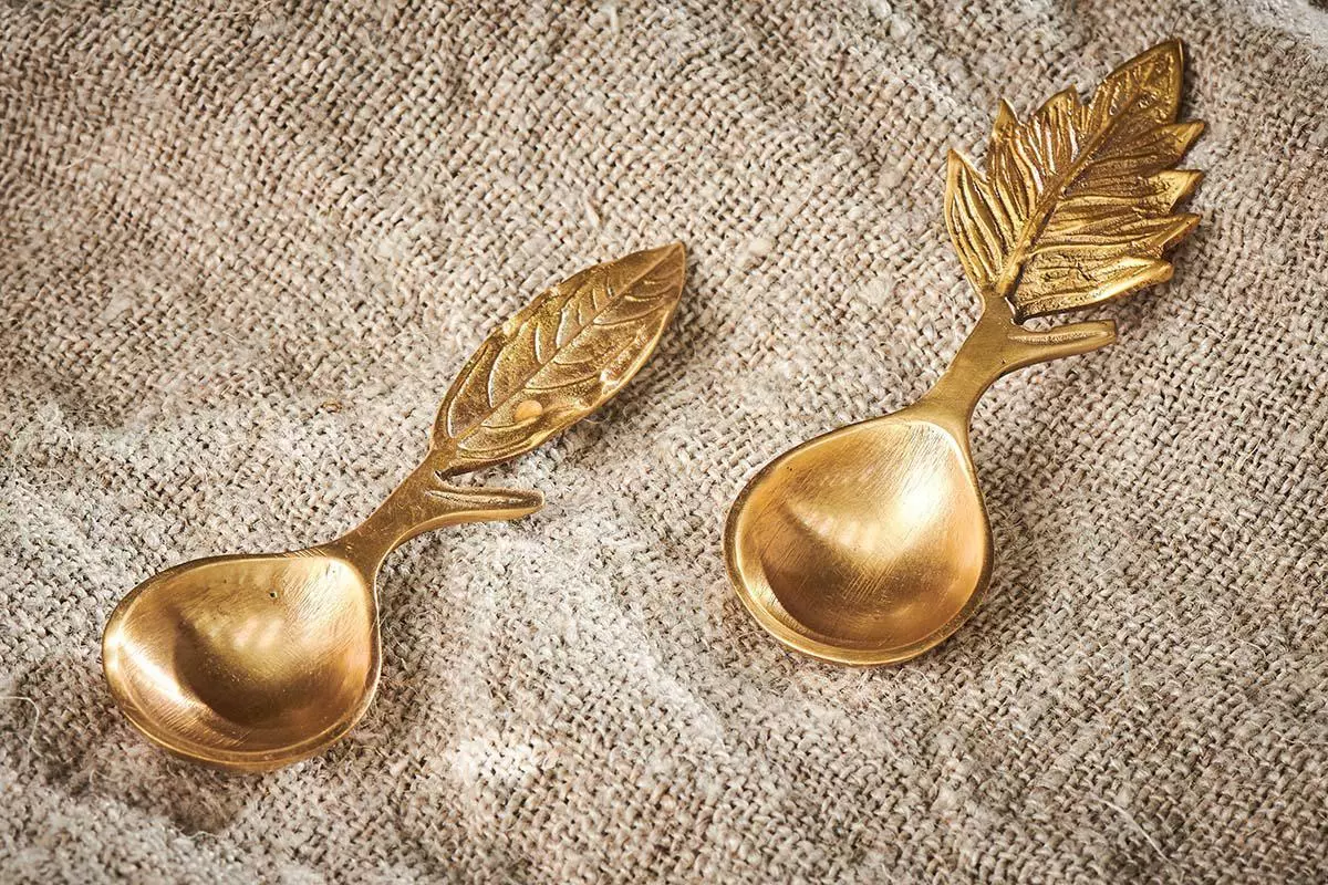 Nkuku Leaf Small Spoon Gift Set - Antique Brass (Set Of 2) 4 Nkuku Leaf Small Spoon Gift Set - Antique Brass (Set Of 2)