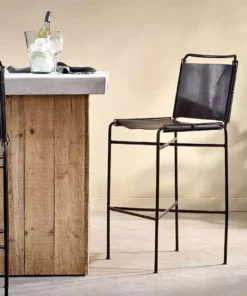Nkuku Nirmi Leather Sling Back Bar Chair - Charcoal